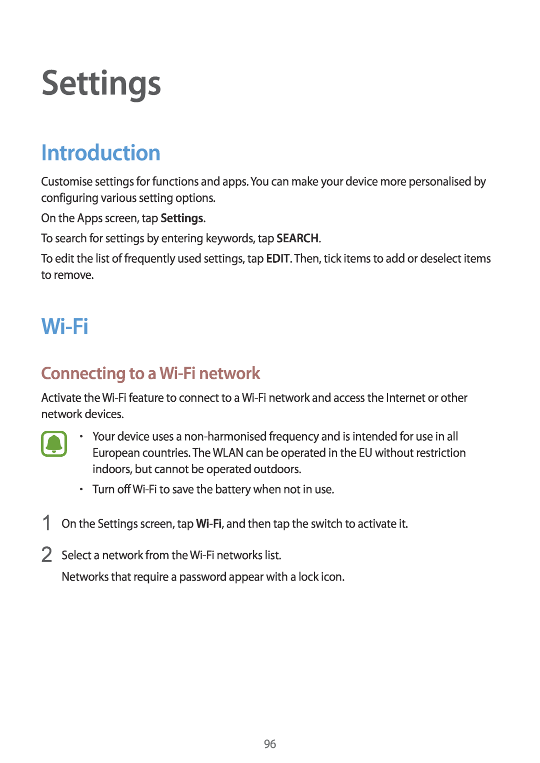 Samsung SM-G920IZBAKSA, SM-G920FZKFDBT, SM-G920FZKEDBT manual Settings, Introduction, Connecting to a Wi-Fi network 