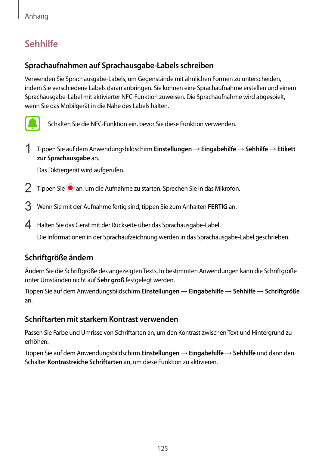 Samsung SM-G920FZWEDBT manual Sehhilfe, Sprachaufnahmen auf Sprachausgabe-Labels schreiben, Schriftgröße ändern, Anhang 