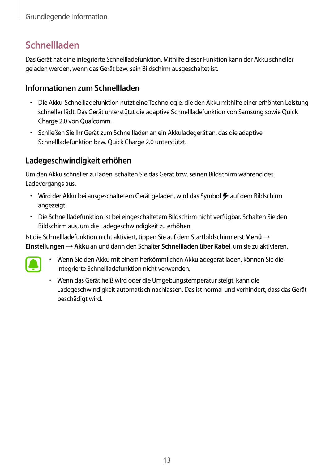 Samsung SM-G920FZWEDBT manual Informationen zum Schnellladen, Ladegeschwindigkeit erhöhen, Grundlegende Information 
