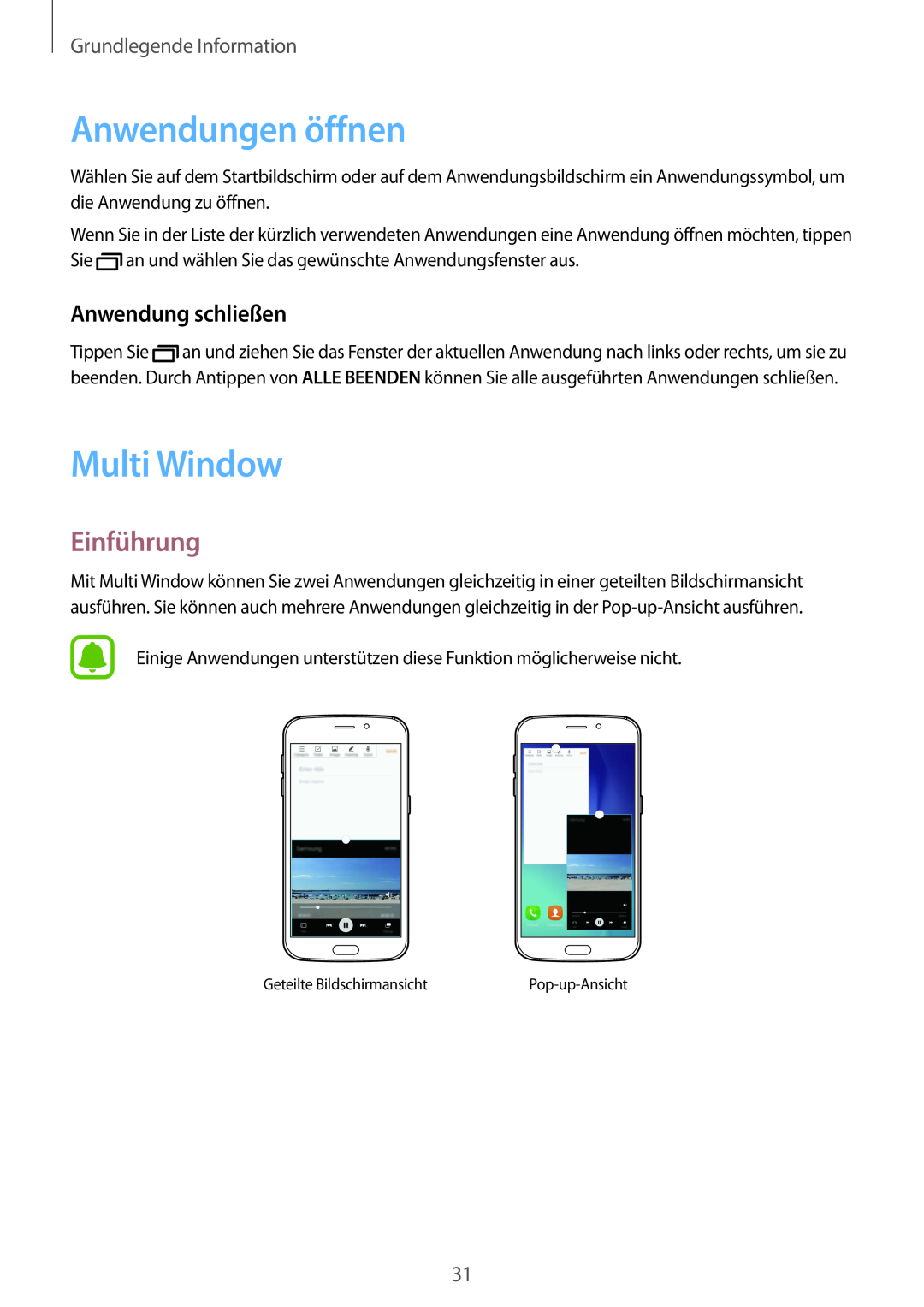 Samsung SM-G920FZDFDBT manual Anwendungen öffnen, Multi Window, Einführung, Anwendung schließen, Grundlegende Information 