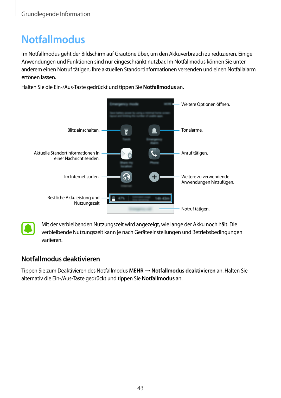 Samsung SM-G920FZBEDBT, SM-G920FZKFDBT, SM-G920FZKEDBT manual Notfallmodus deaktivieren, Grundlegende Information 