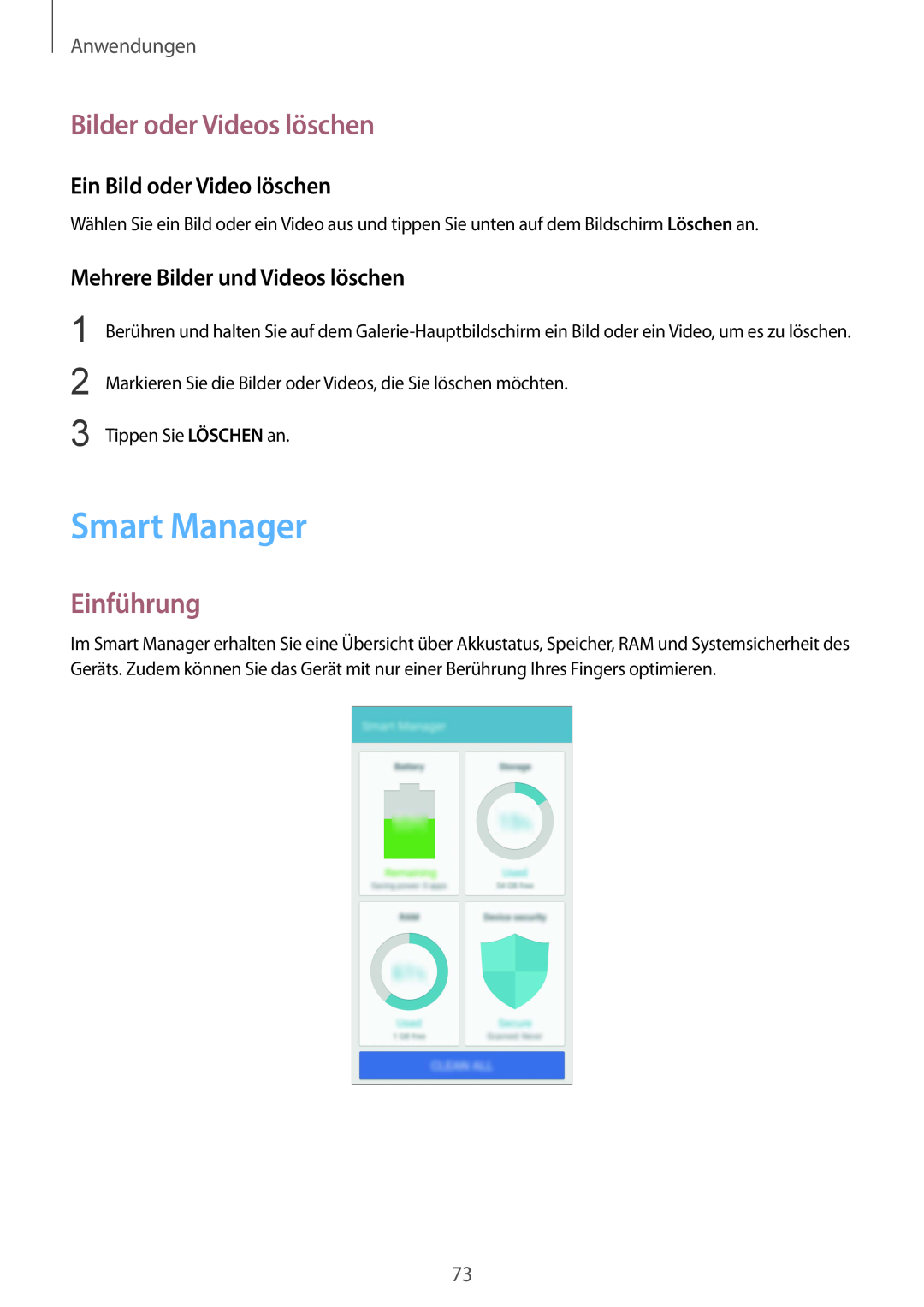 Samsung SM-G920FZKEDBT Smart Manager, Bilder oder Videos löschen, Ein Bild oder Video löschen, Einführung, Anwendungen 
