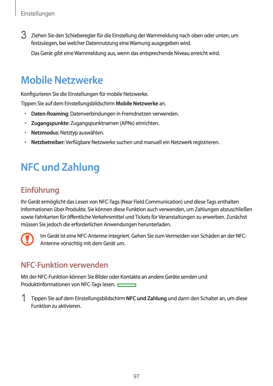 Samsung SM-G920FZKEDBT manual Mobile Netzwerke, NFC und Zahlung, NFC-Funktion verwenden, Einführung, Einstellungen 