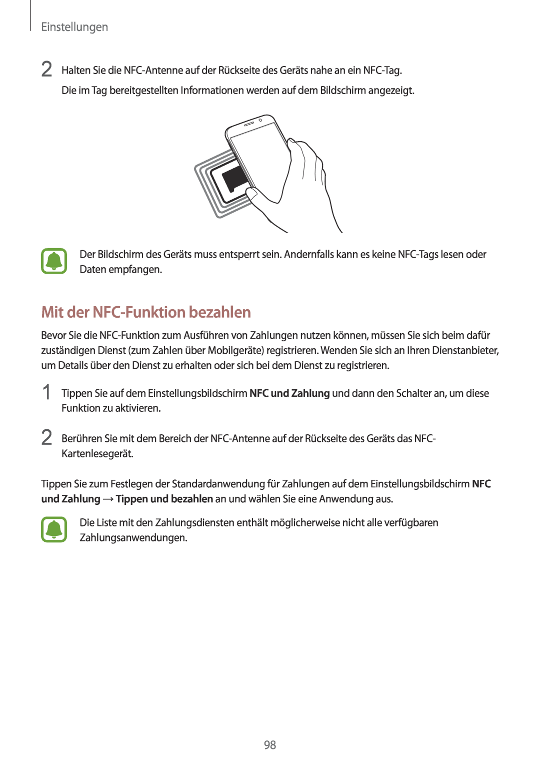 Samsung SM-G920FZDEDBT, SM-G920FZKFDBT, SM-G920FZKEDBT, SM-G920FZBEDBT manual Mit der NFC-Funktion bezahlen, Einstellungen 
