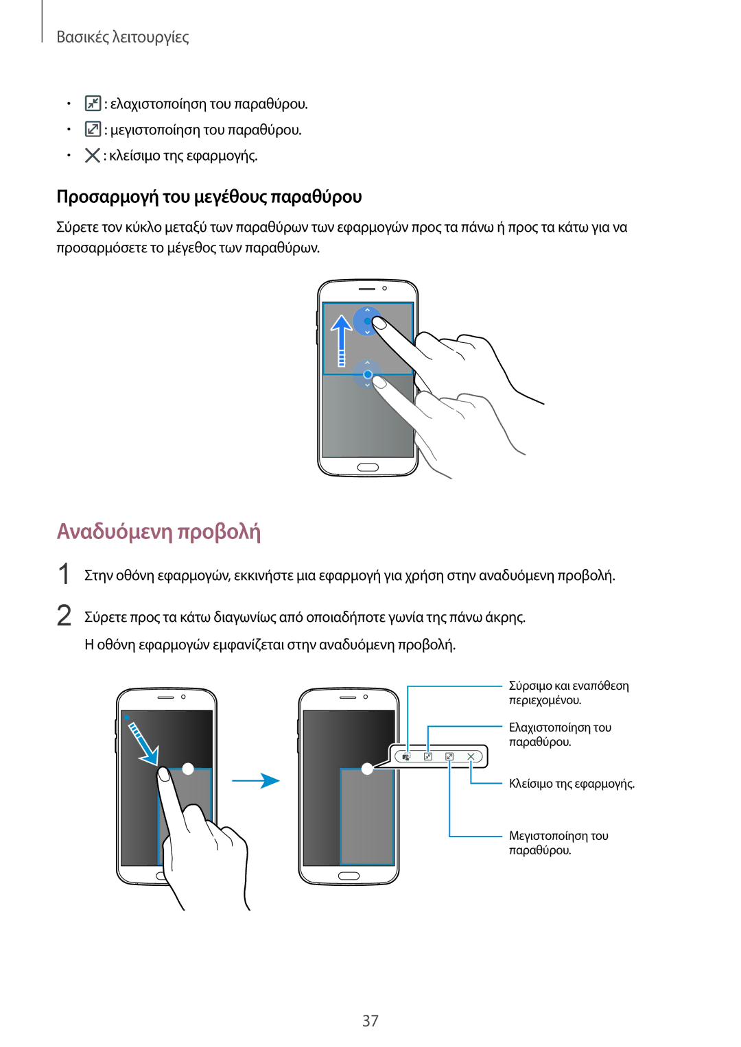 Samsung SM-G920FZWAEUR manual Αναδυόμενη προβολή, Προσαρμογή του μεγέθους παραθύρου 