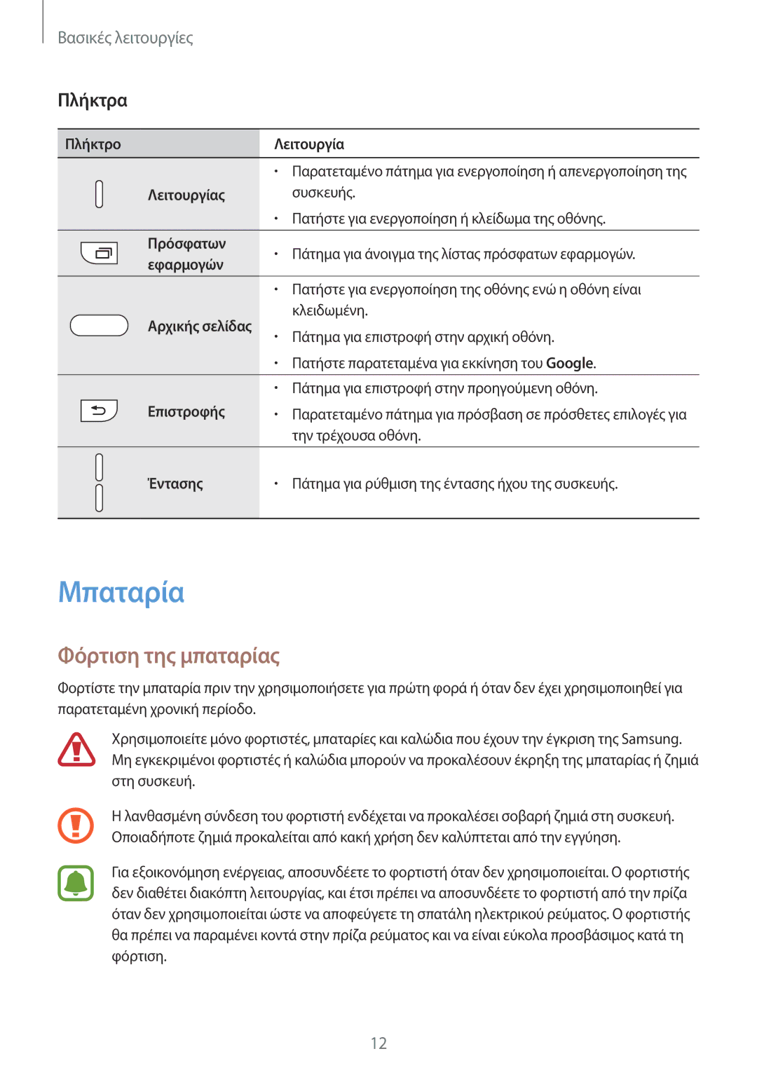 Samsung SM-G920FZWAEUR manual Μπαταρία, Φόρτιση της μπαταρίας, Πλήκτρα 