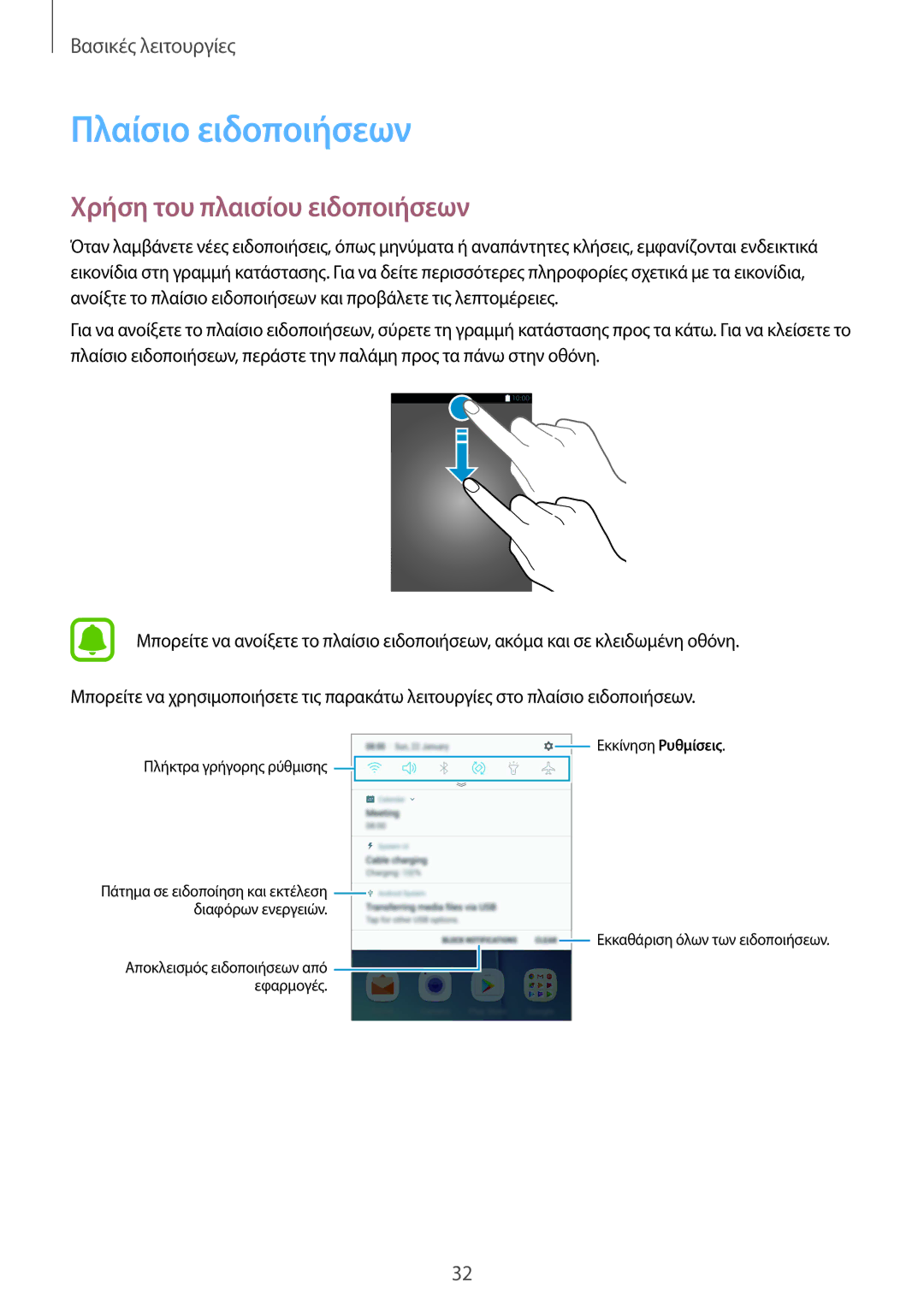 Samsung SM-G920FZWAEUR manual Πλαίσιο ειδοποιήσεων, Χρήση του πλαισίου ειδοποιήσεων 