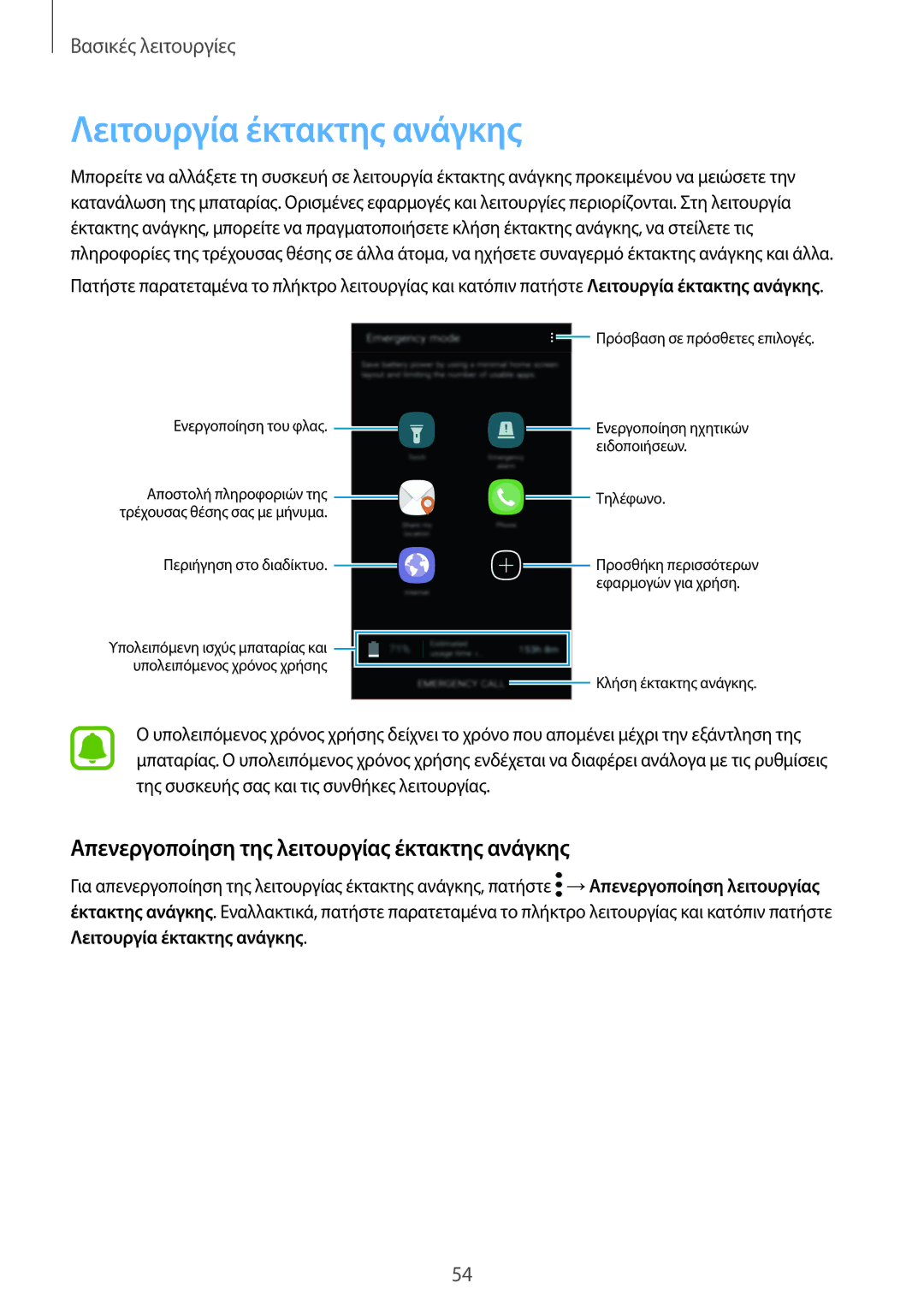 Samsung SM-G920FZWAEUR manual Λειτουργία έκτακτης ανάγκης, Απενεργοποίηση της λειτουργίας έκτακτης ανάγκης 