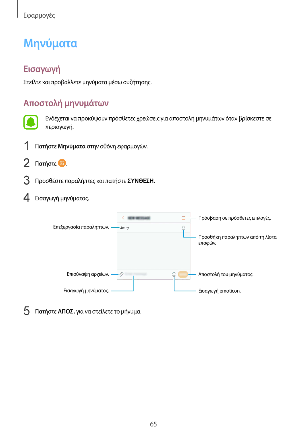 Samsung SM-G920FZWAEUR manual Μηνύματα, Αποστολή μηνυμάτων 