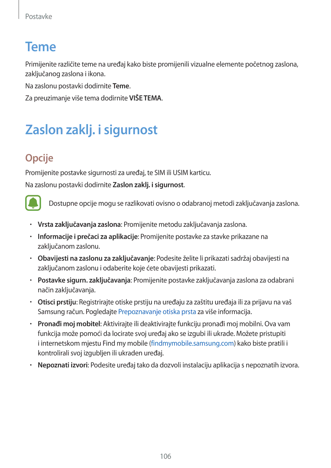 Samsung SM-G920FZWASEE, SM-G920FZKFSEE manual Teme, Zaslon zaklj. i sigurnost 