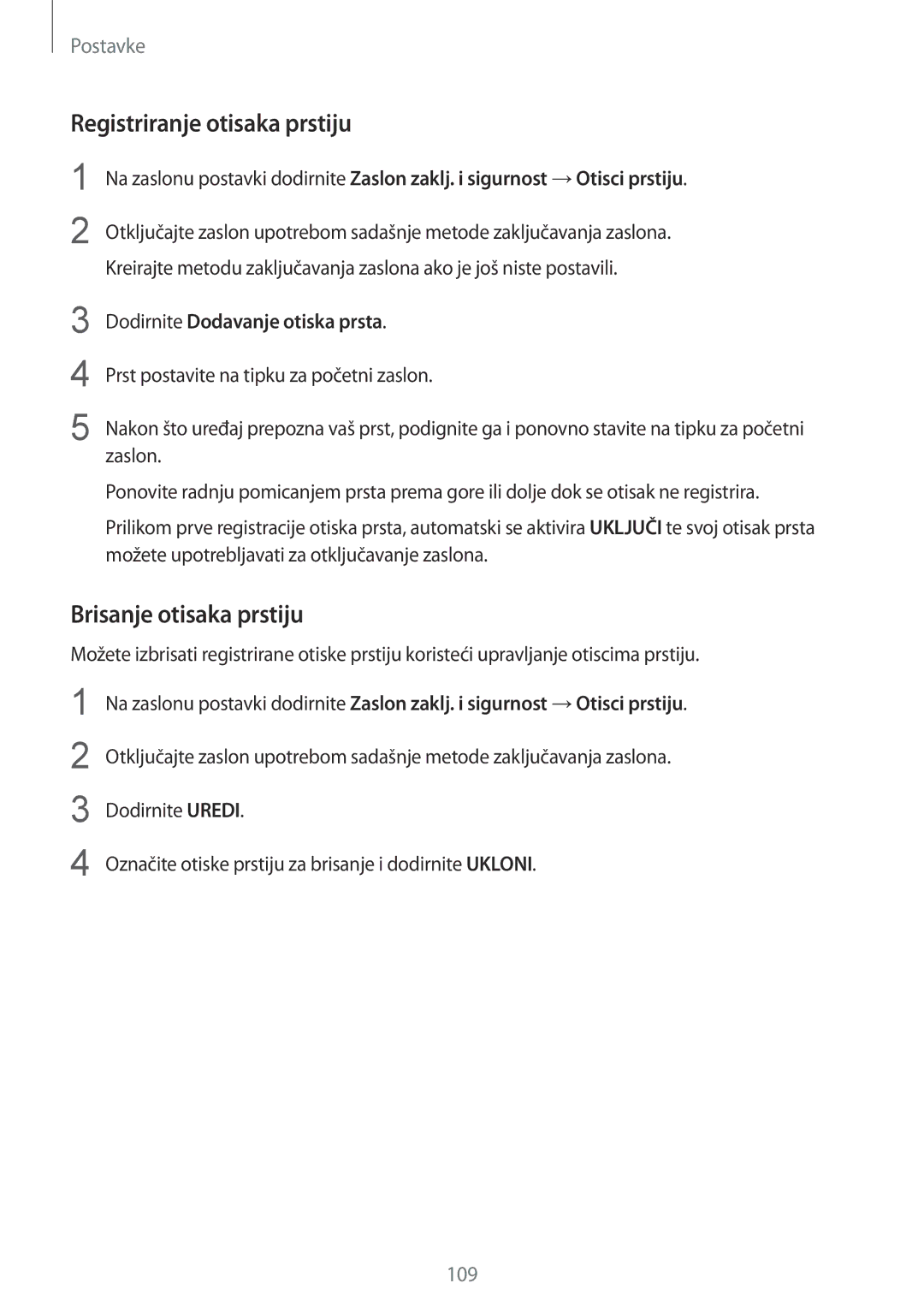 Samsung SM-G920FZKFSEE manual Registriranje otisaka prstiju, Brisanje otisaka prstiju, Dodirnite Dodavanje otiska prsta 