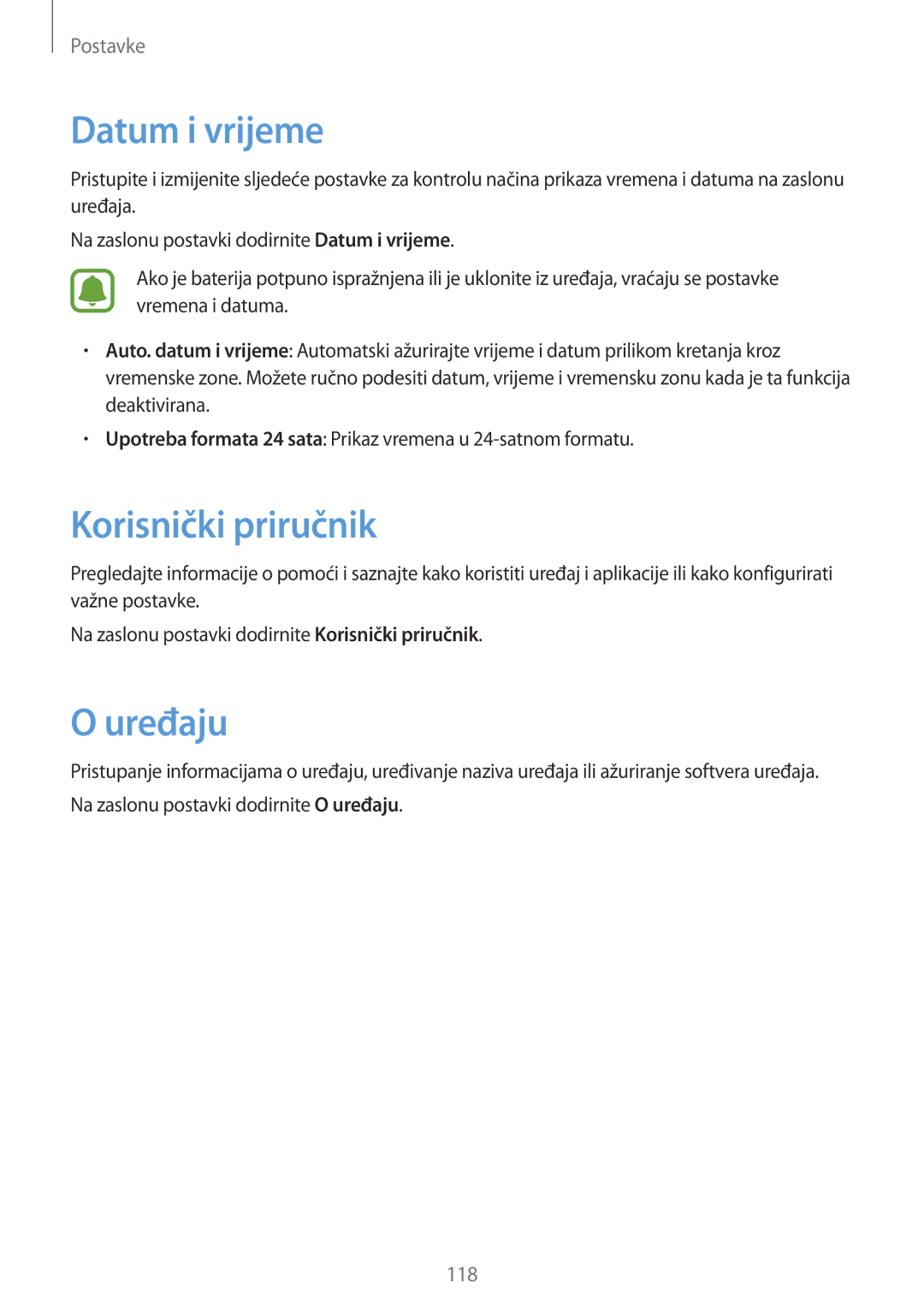 Samsung SM-G920FZWASEE, SM-G920FZKFSEE manual Datum i vrijeme, Korisnički priručnik, Uređaju 