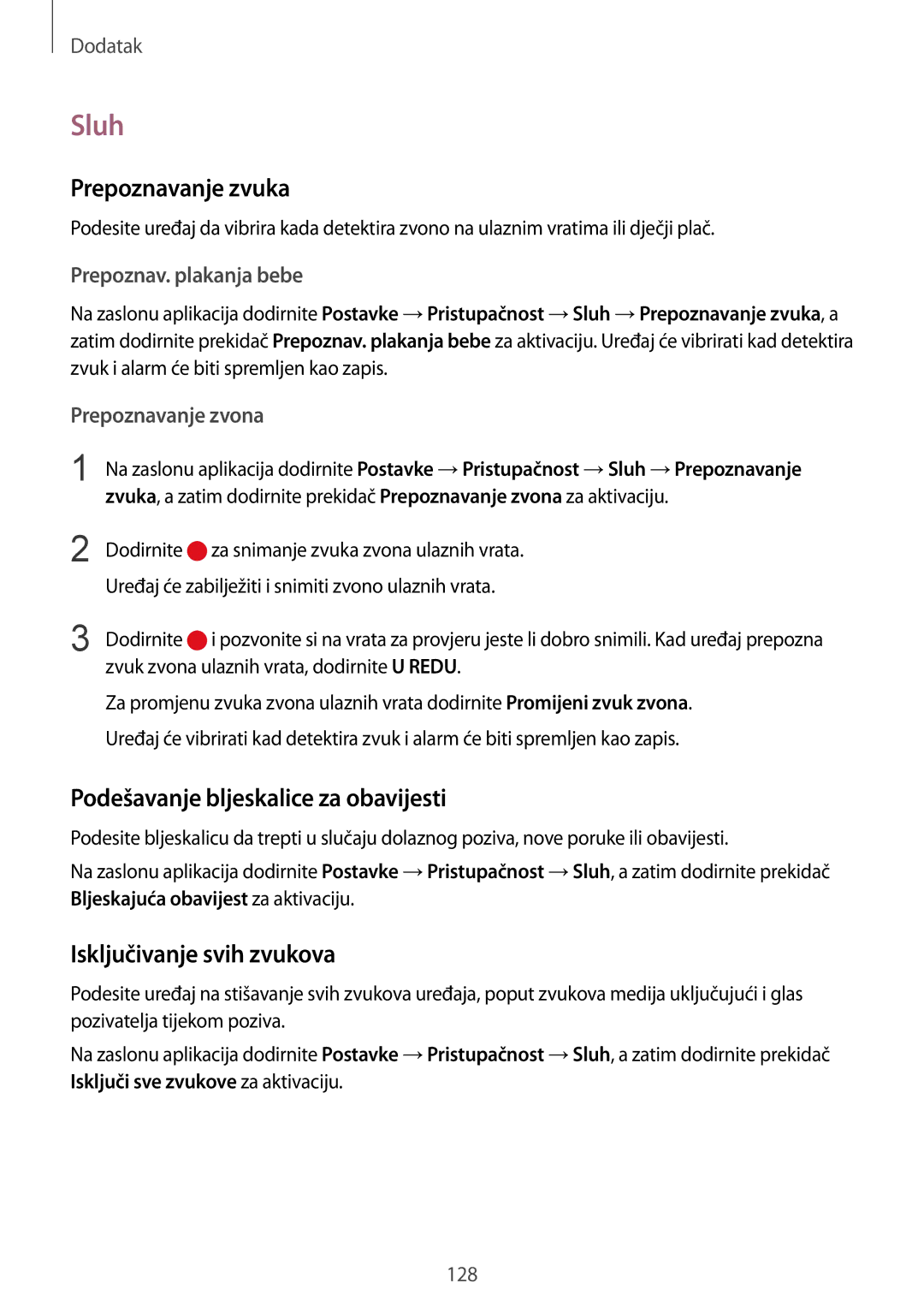 Samsung SM-G920FZWASEE manual Sluh, Prepoznavanje zvuka, Podešavanje bljeskalice za obavijesti, Isključivanje svih zvukova 