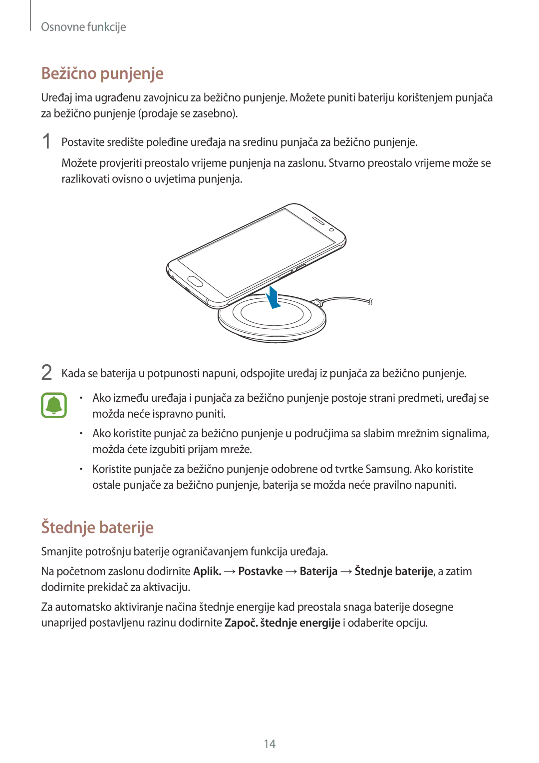 Samsung SM-G920FZWASEE, SM-G920FZKFSEE manual Bežično punjenje, Štednje baterije 