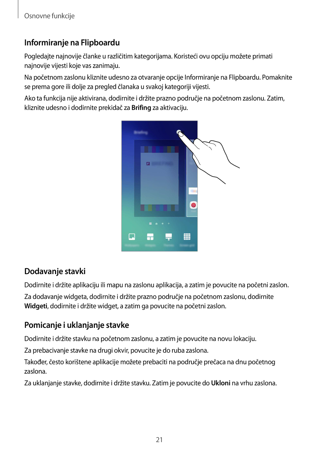 Samsung SM-G920FZKFSEE, SM-G920FZWASEE manual Informiranje na Flipboardu, Dodavanje stavki, Pomicanje i uklanjanje stavke 