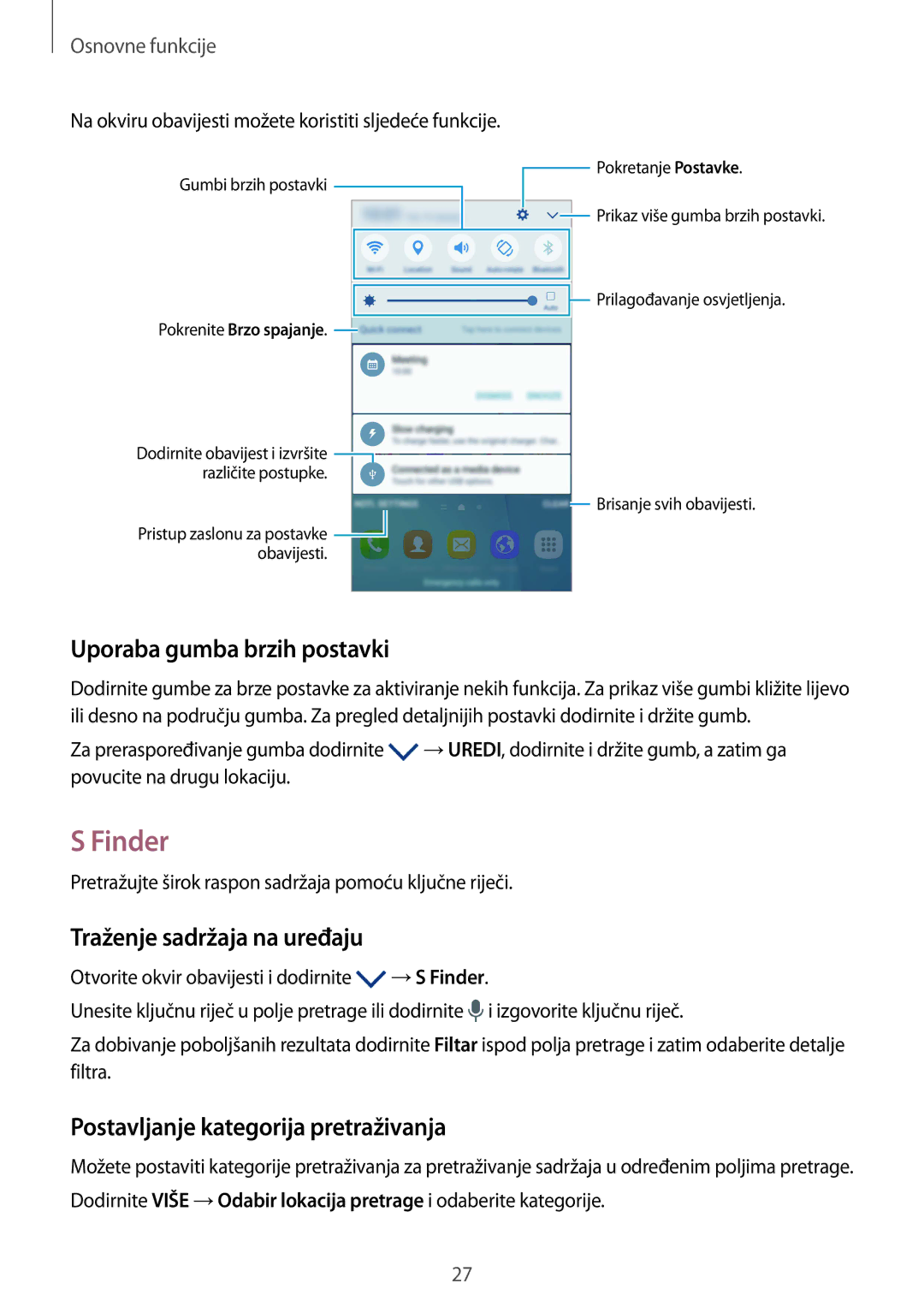 Samsung SM-G920FZKFSEE, SM-G920FZWASEE manual Finder, Uporaba gumba brzih postavki, Traženje sadržaja na uređaju 
