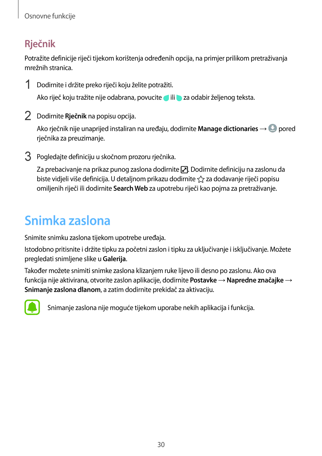 Samsung SM-G920FZWASEE, SM-G920FZKFSEE manual Snimka zaslona, Rječnik 