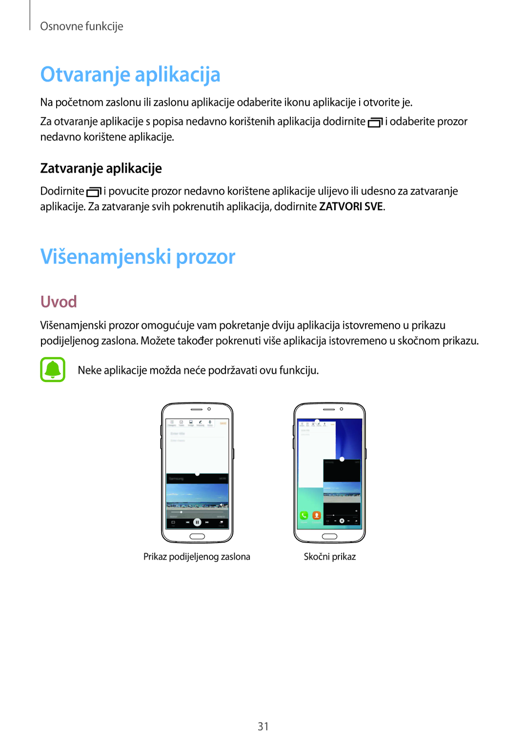 Samsung SM-G920FZKFSEE, SM-G920FZWASEE manual Otvaranje aplikacija, Višenamjenski prozor, Uvod, Zatvaranje aplikacije 