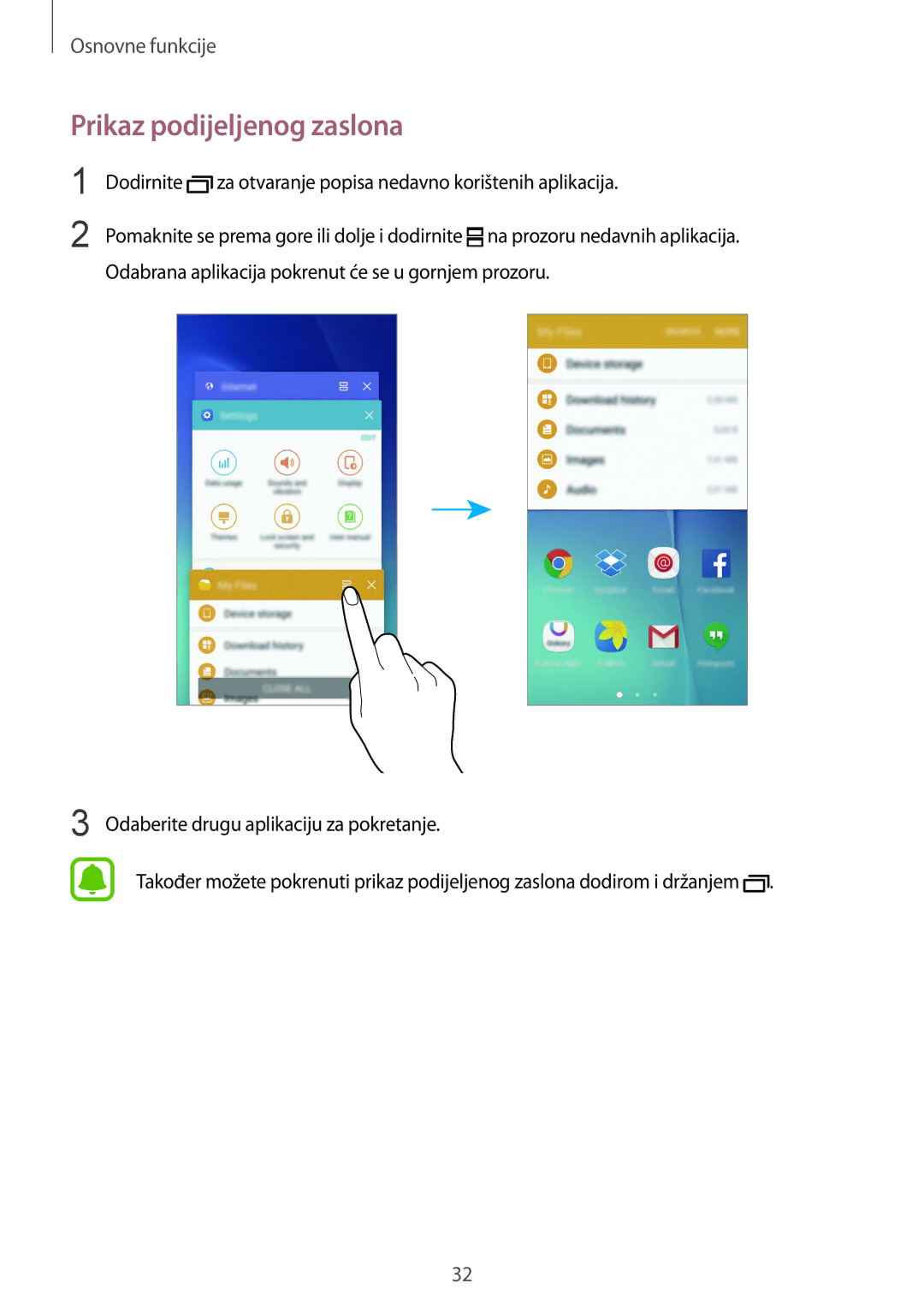 Samsung SM-G920FZWASEE, SM-G920FZKFSEE manual Prikaz podijeljenog zaslona 