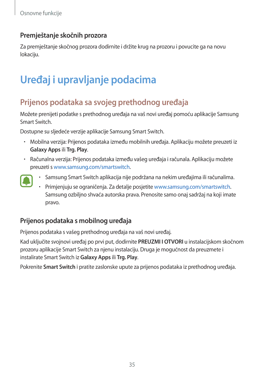 Samsung SM-G920FZKFSEE, SM-G920FZWASEE manual Uređaj i upravljanje podacima, Prijenos podataka sa svojeg prethodnog uređaja 