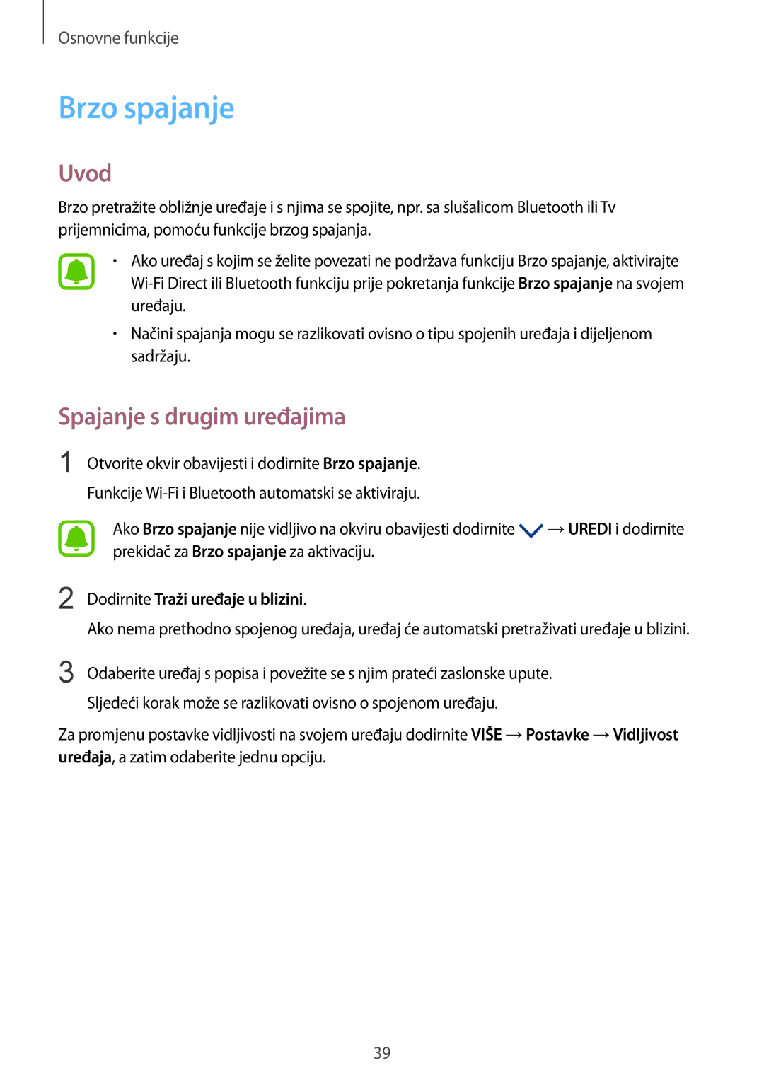 Samsung SM-G920FZKFSEE, SM-G920FZWASEE manual Brzo spajanje, Spajanje s drugim uređajima, Dodirnite Traži uređaje u blizini 