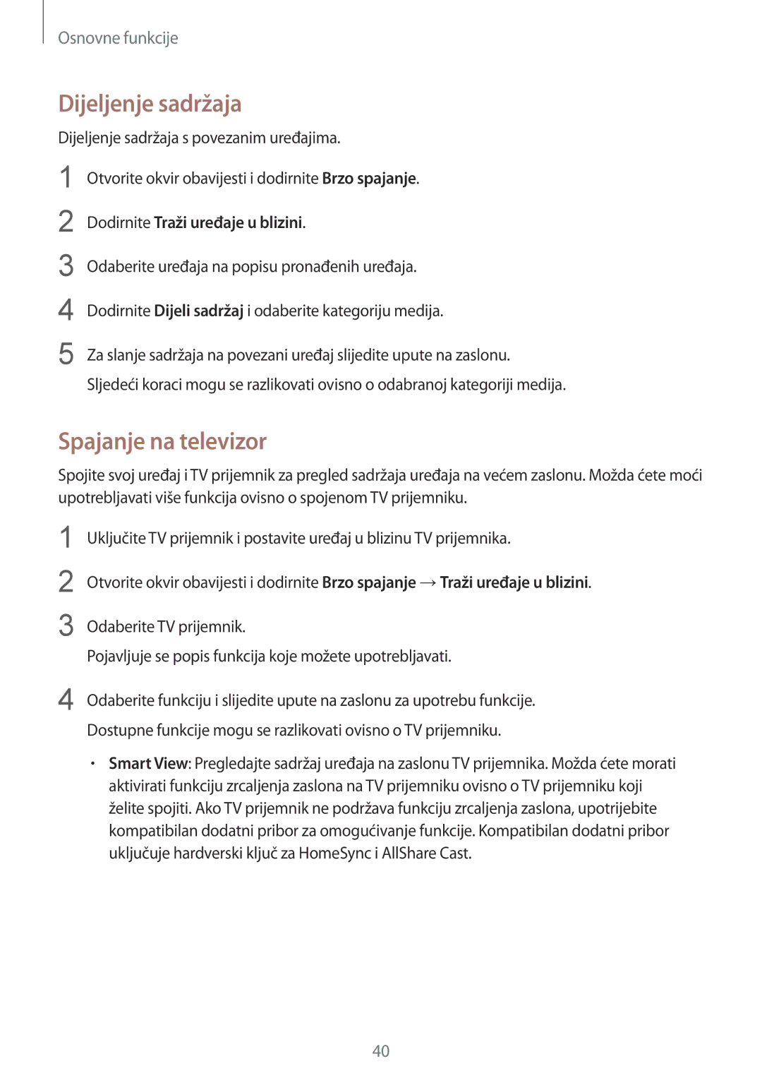 Samsung SM-G920FZWASEE, SM-G920FZKFSEE manual Dijeljenje sadržaja, Spajanje na televizor 