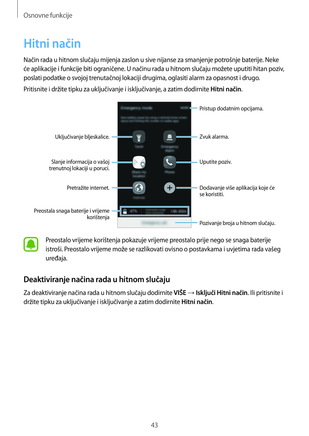 Samsung SM-G920FZKFSEE, SM-G920FZWASEE manual Hitni način, Deaktiviranje načina rada u hitnom slučaju 