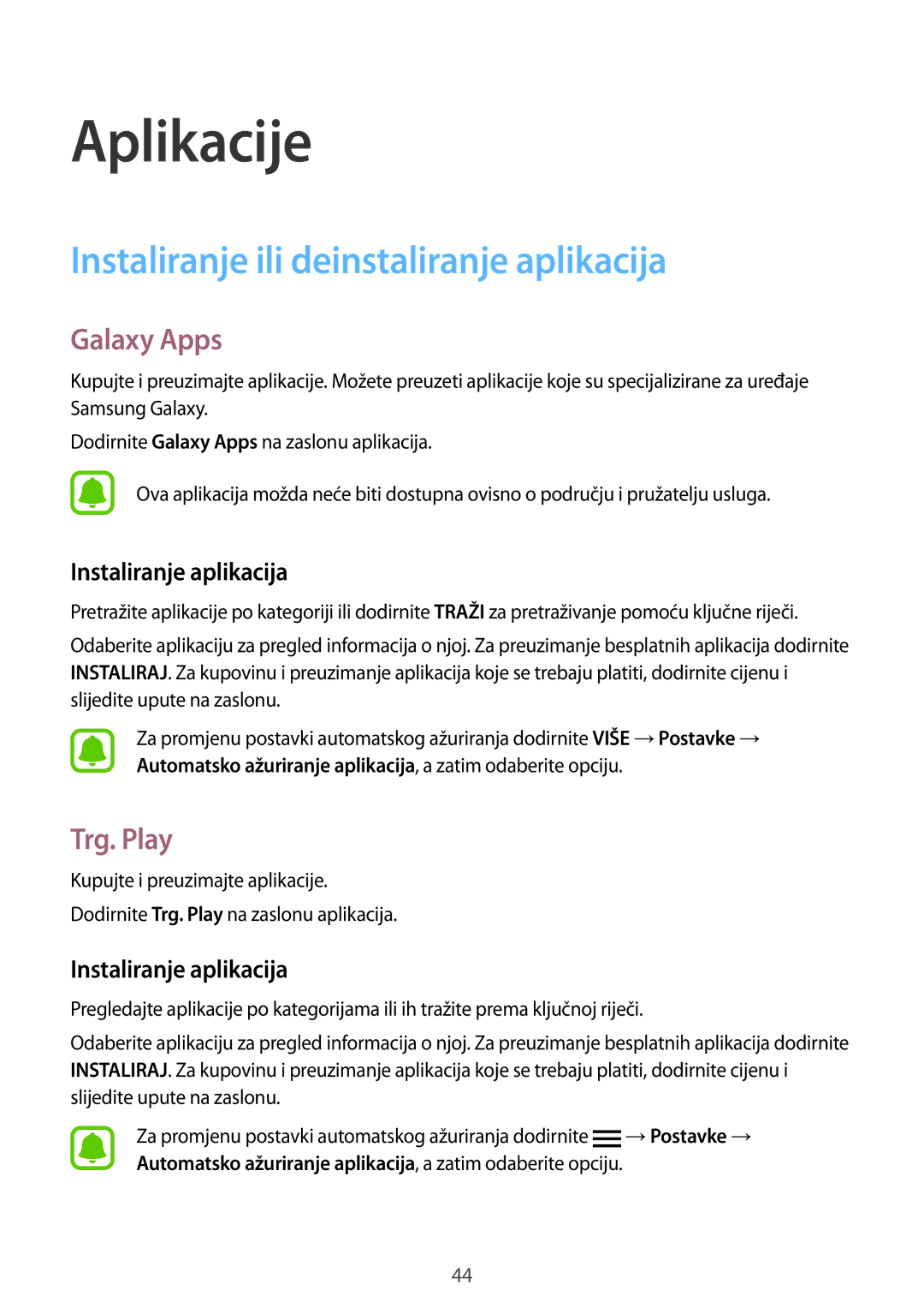 Samsung SM-G920FZWASEE manual Instaliranje ili deinstaliranje aplikacija, Galaxy Apps, Trg. Play, Instaliranje aplikacija 