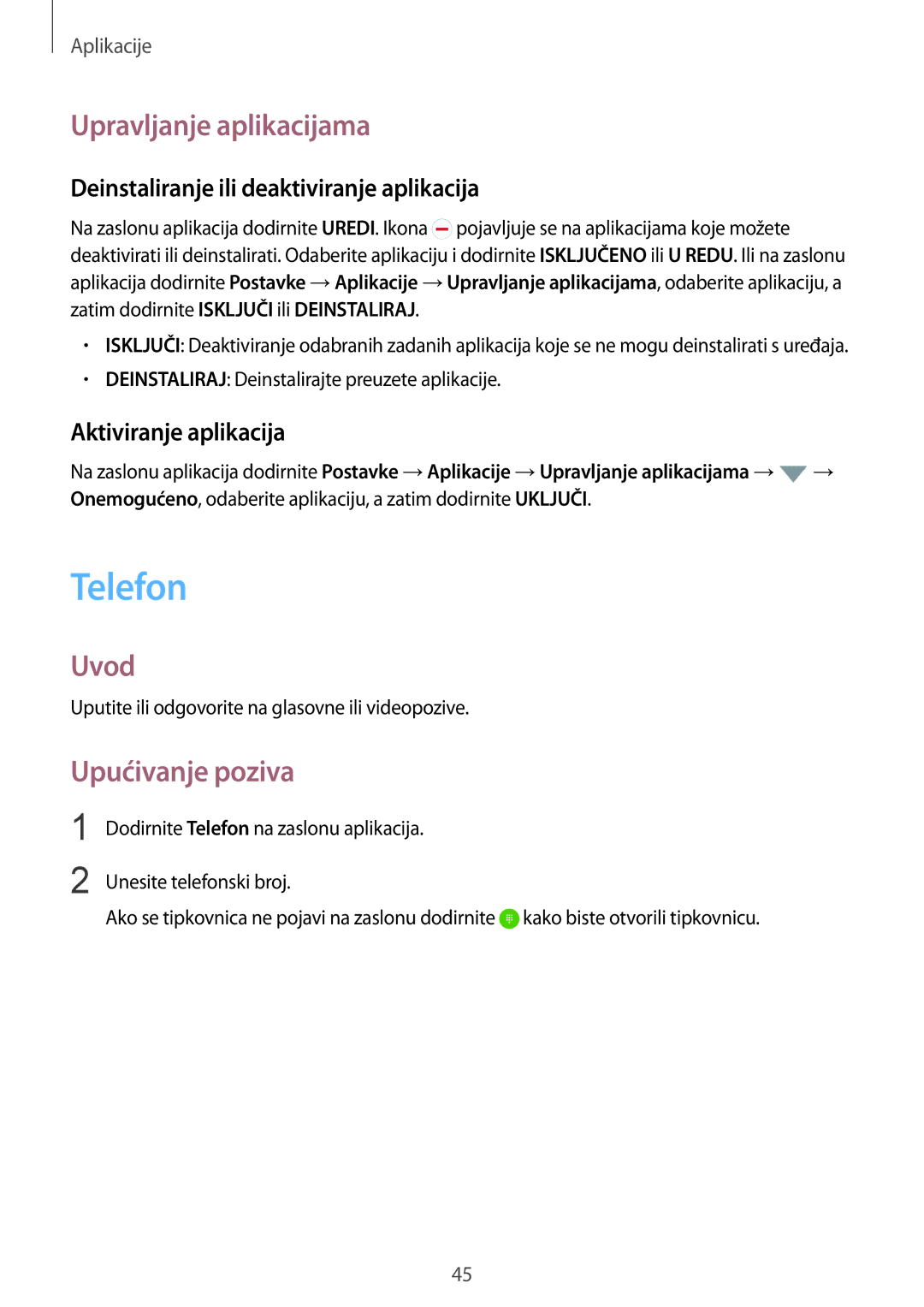 Samsung SM-G920FZKFSEE Telefon, Upravljanje aplikacijama, Upućivanje poziva, Deinstaliranje ili deaktiviranje aplikacija 