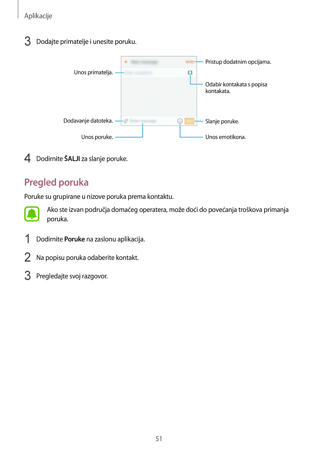 Samsung SM-G920FZKFSEE, SM-G920FZWASEE manual Pregled poruka, Dodajte primatelje i unesite poruku 
