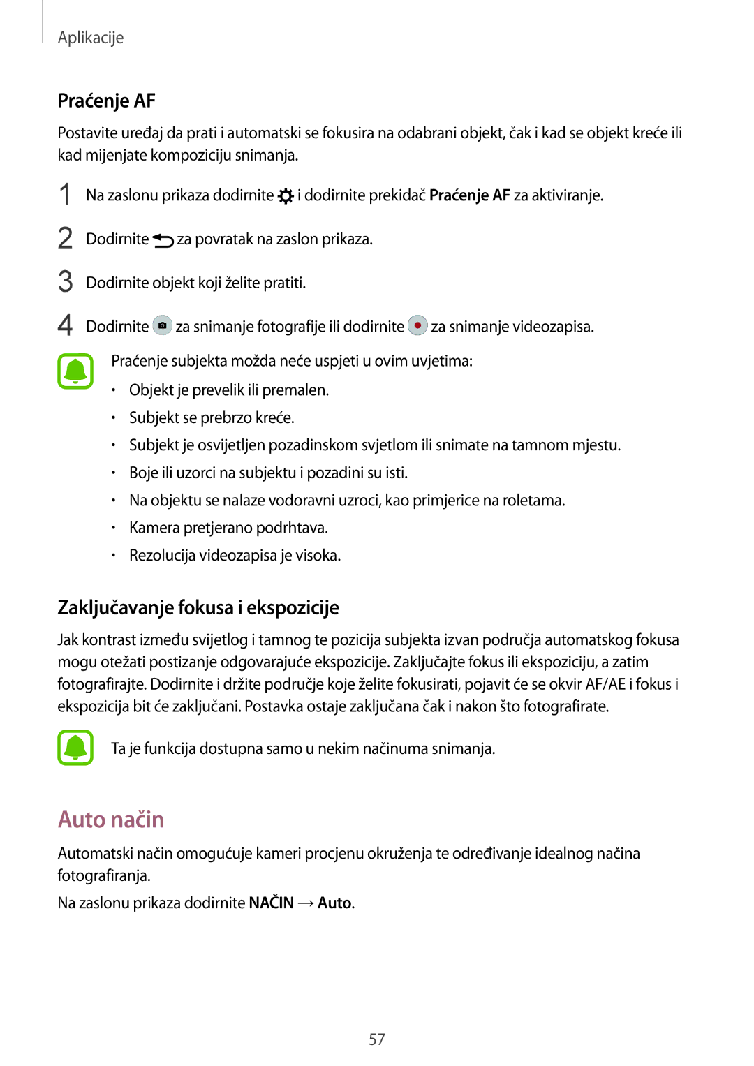 Samsung SM-G920FZKFSEE, SM-G920FZWASEE manual Auto način, Praćenje AF, Zaključavanje fokusa i ekspozicije 