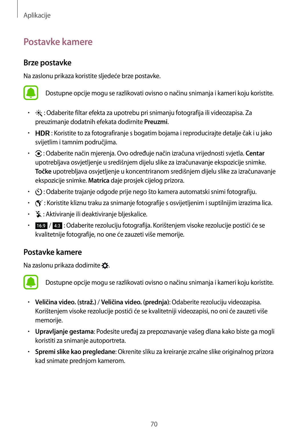 Samsung SM-G920FZWASEE, SM-G920FZKFSEE manual Postavke kamere, Brze postavke 