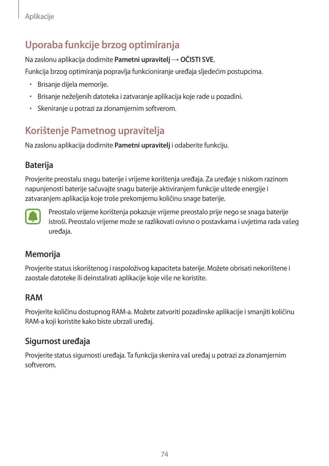 Samsung SM-G920FZWASEE manual Uporaba funkcije brzog optimiranja, Korištenje Pametnog upravitelja, Baterija, Memorija 