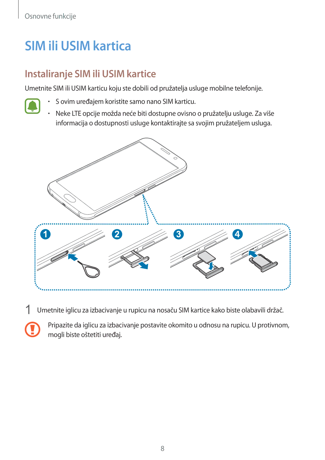 Samsung SM-G920FZWASEE, SM-G920FZKFSEE manual SIM ili Usim kartica, Instaliranje SIM ili Usim kartice 