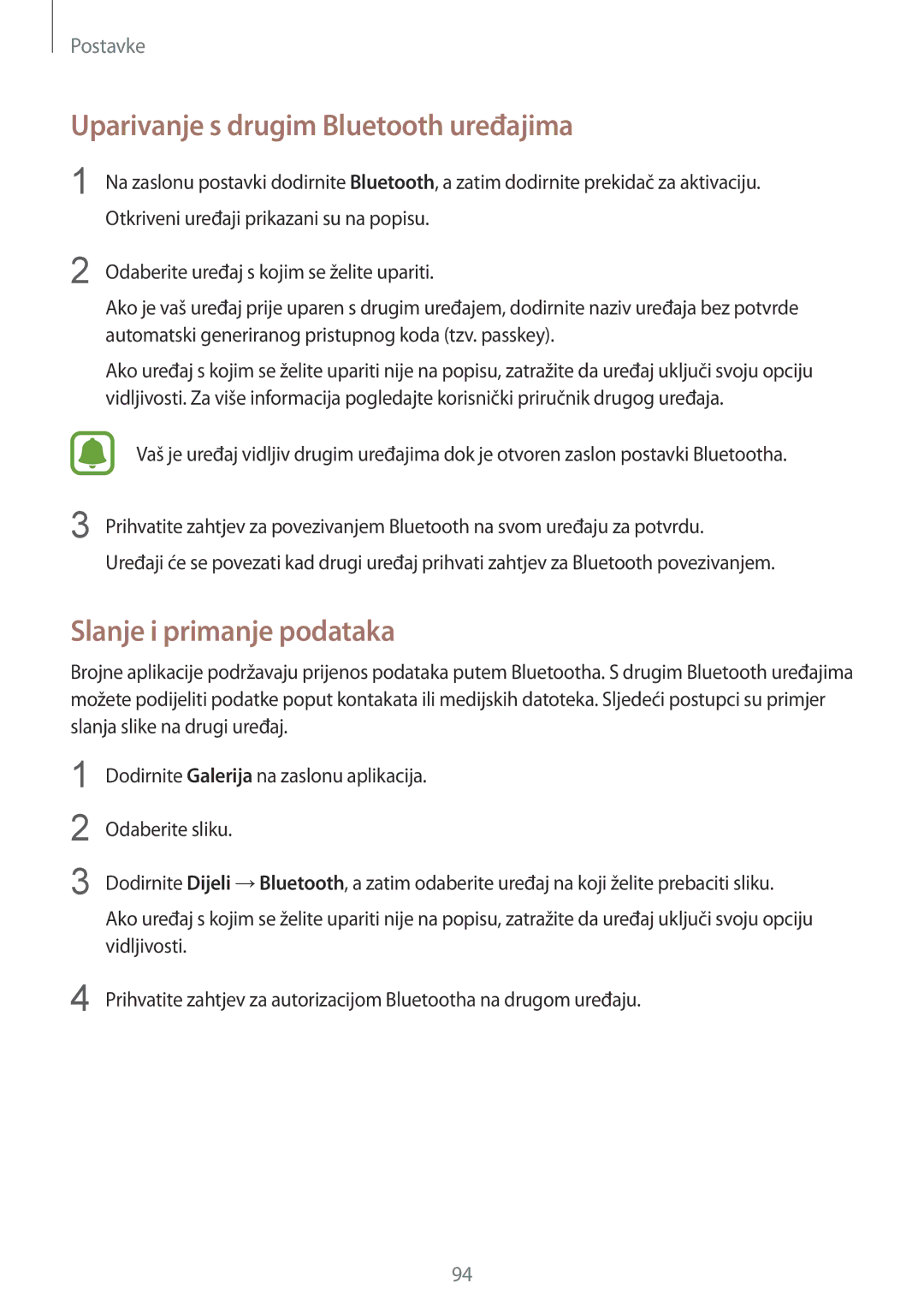 Samsung SM-G920FZWASEE, SM-G920FZKFSEE manual Uparivanje s drugim Bluetooth uređajima, Slanje i primanje podataka 