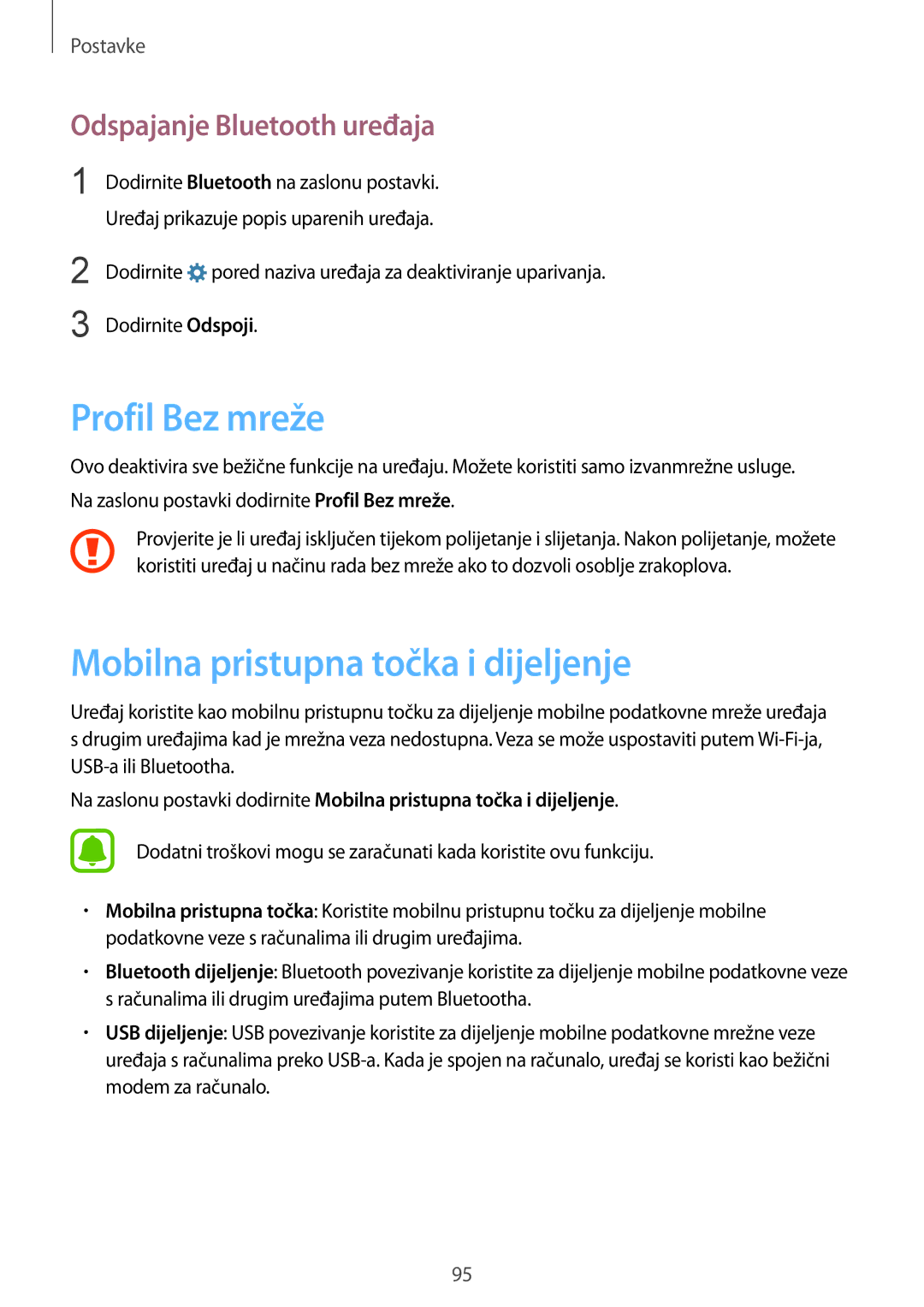 Samsung SM-G920FZKFSEE manual Profil Bez mreže, Mobilna pristupna točka i dijeljenje, Odspajanje Bluetooth uređaja 