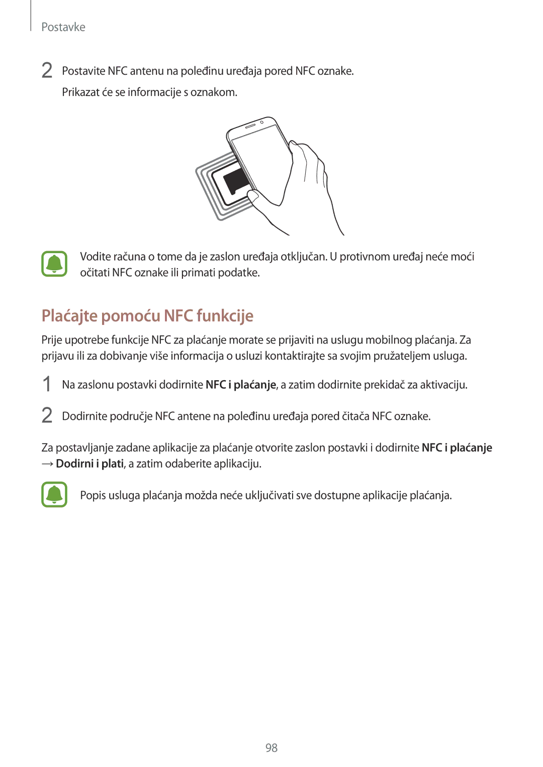 Samsung SM-G920FZWASEE, SM-G920FZKFSEE manual Plaćajte pomoću NFC funkcije 