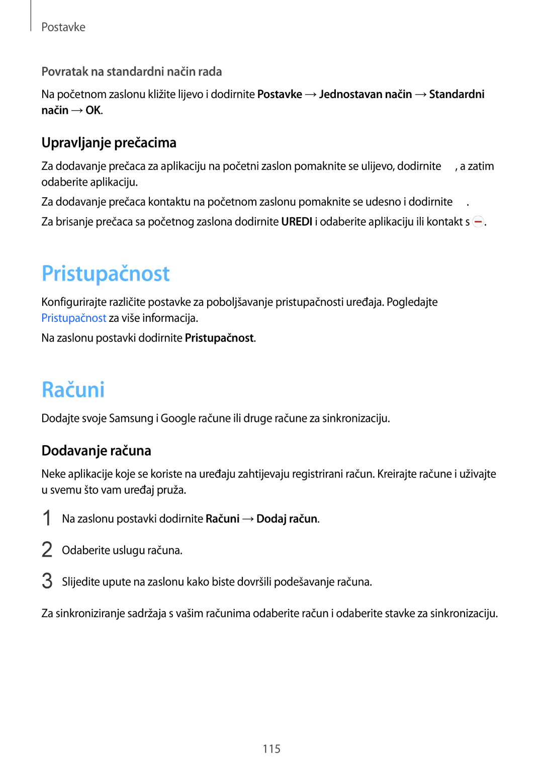 Samsung SM-G920FZKFSEE, SM-G920FZWASEE manual Pristupačnost, Računi, Upravljanje prečacima, Dodavanje računa 