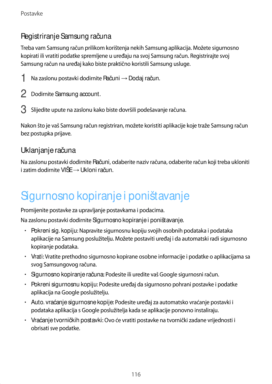 Samsung SM-G920FZWASEE manual Sigurnosno kopiranje i poništavanje, Registriranje Samsung računa, Uklanjanje računa 