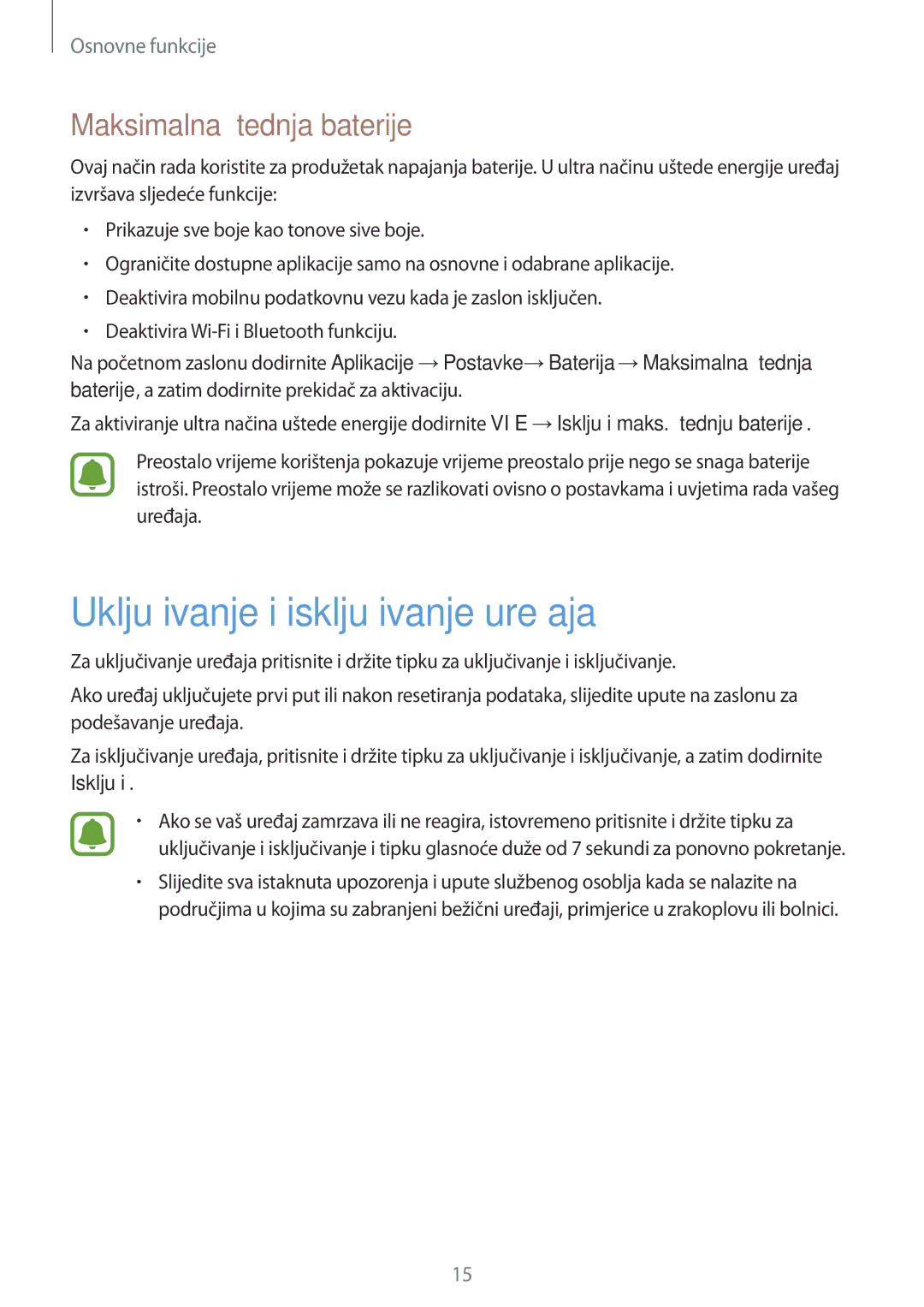 Samsung SM-G920FZKFSEE, SM-G920FZWASEE manual Uključivanje i isključivanje uređaja, Maksimalna štednja baterije 