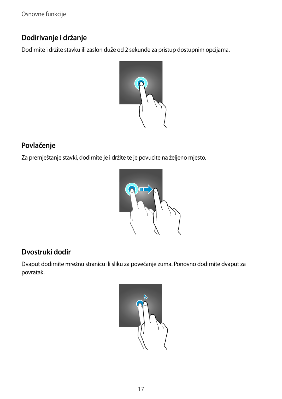 Samsung SM-G920FZKFSEE, SM-G920FZWASEE manual Dodirivanje i držanje, Povlačenje, Dvostruki dodir 