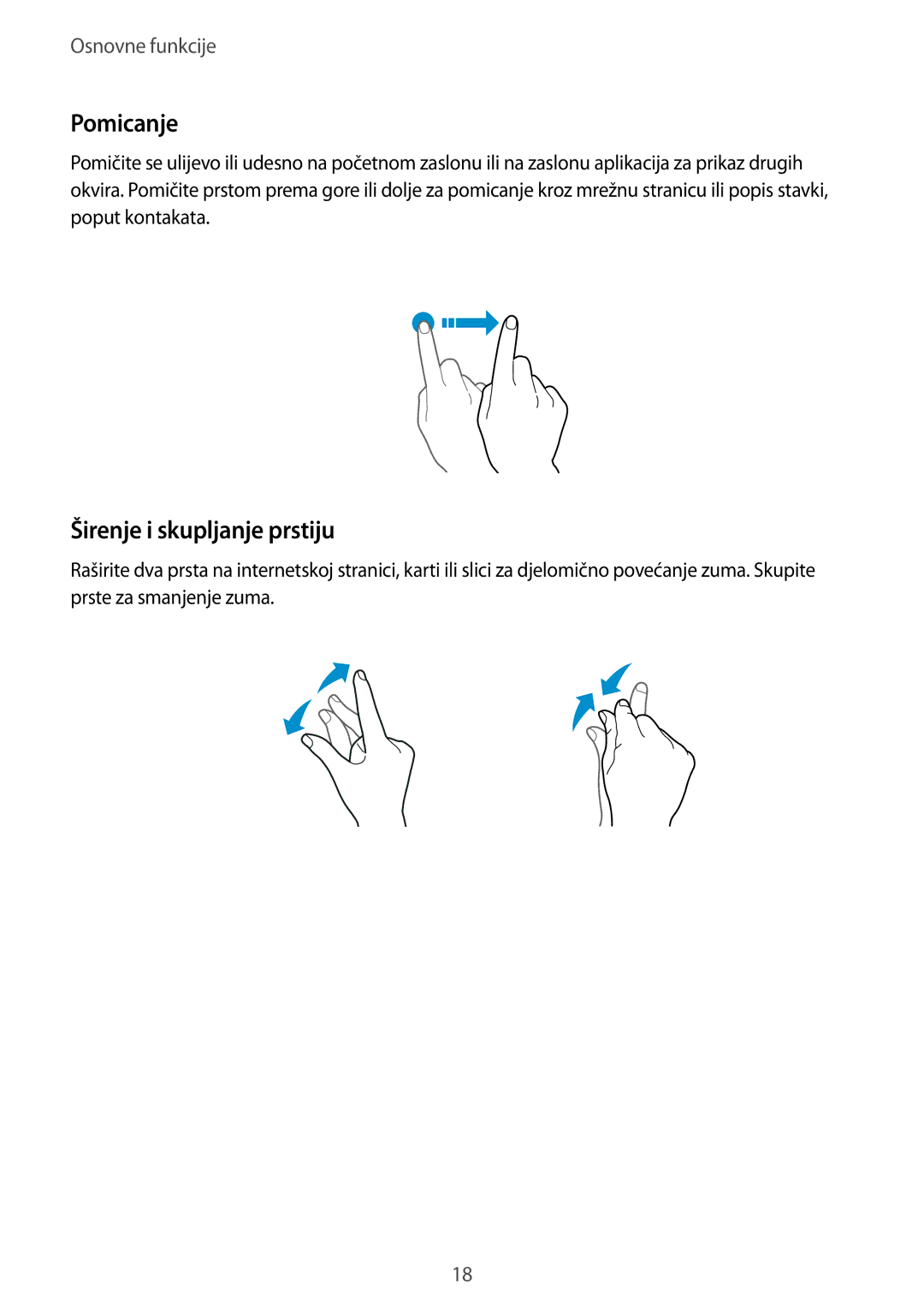 Samsung SM-G920FZWASEE, SM-G920FZKFSEE manual Pomicanje, Širenje i skupljanje prstiju 