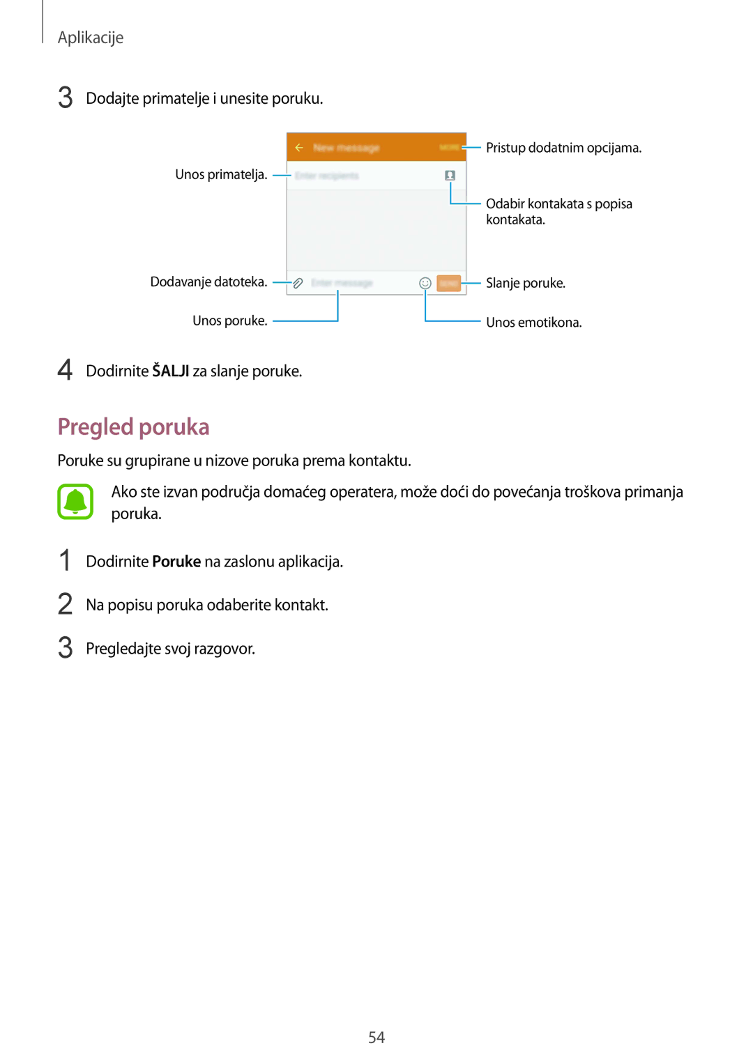 Samsung SM-G920FZWASEE, SM-G920FZKFSEE manual Pregled poruka, Dodajte primatelje i unesite poruku 