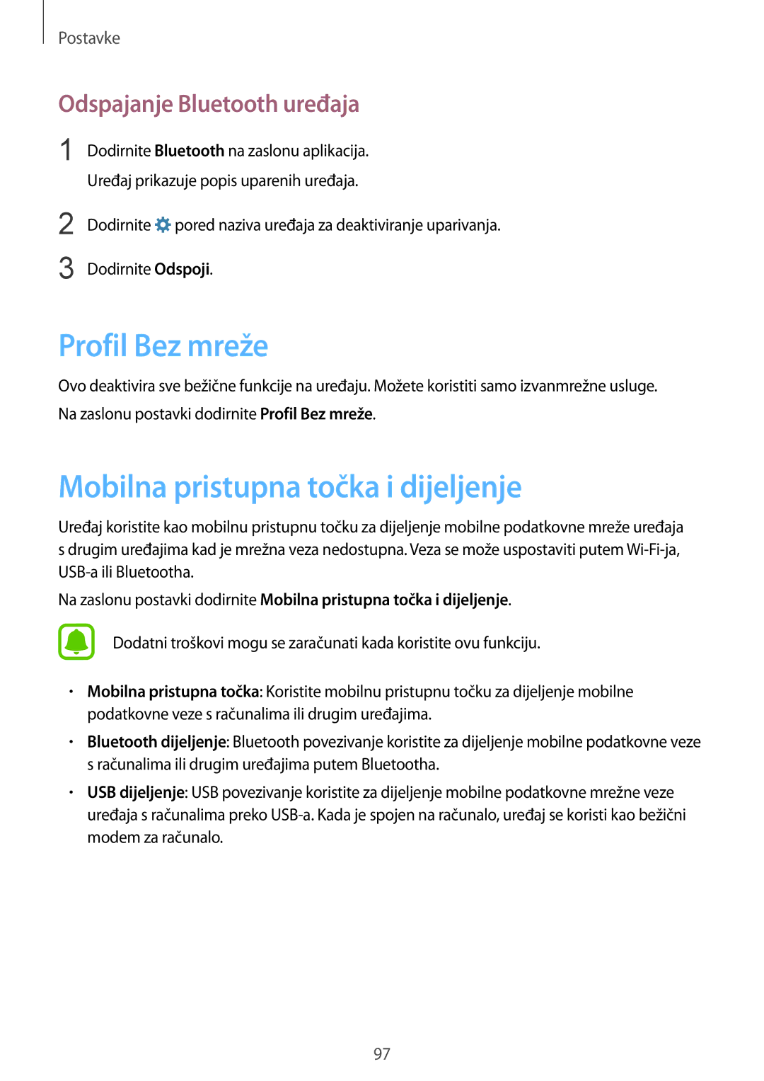 Samsung SM-G920FZKFSEE manual Profil Bez mreže, Mobilna pristupna točka i dijeljenje, Odspajanje Bluetooth uređaja 