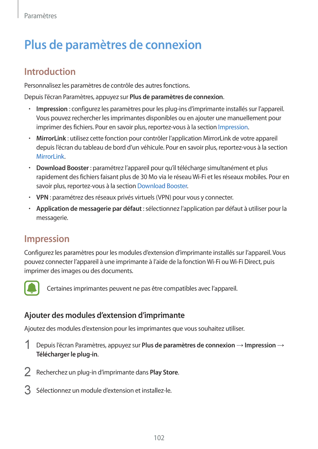 Samsung SM-G920FZBAXEF manual Plus de paramètres de connexion, Impression, Ajouter des modules d’extension d’imprimante 