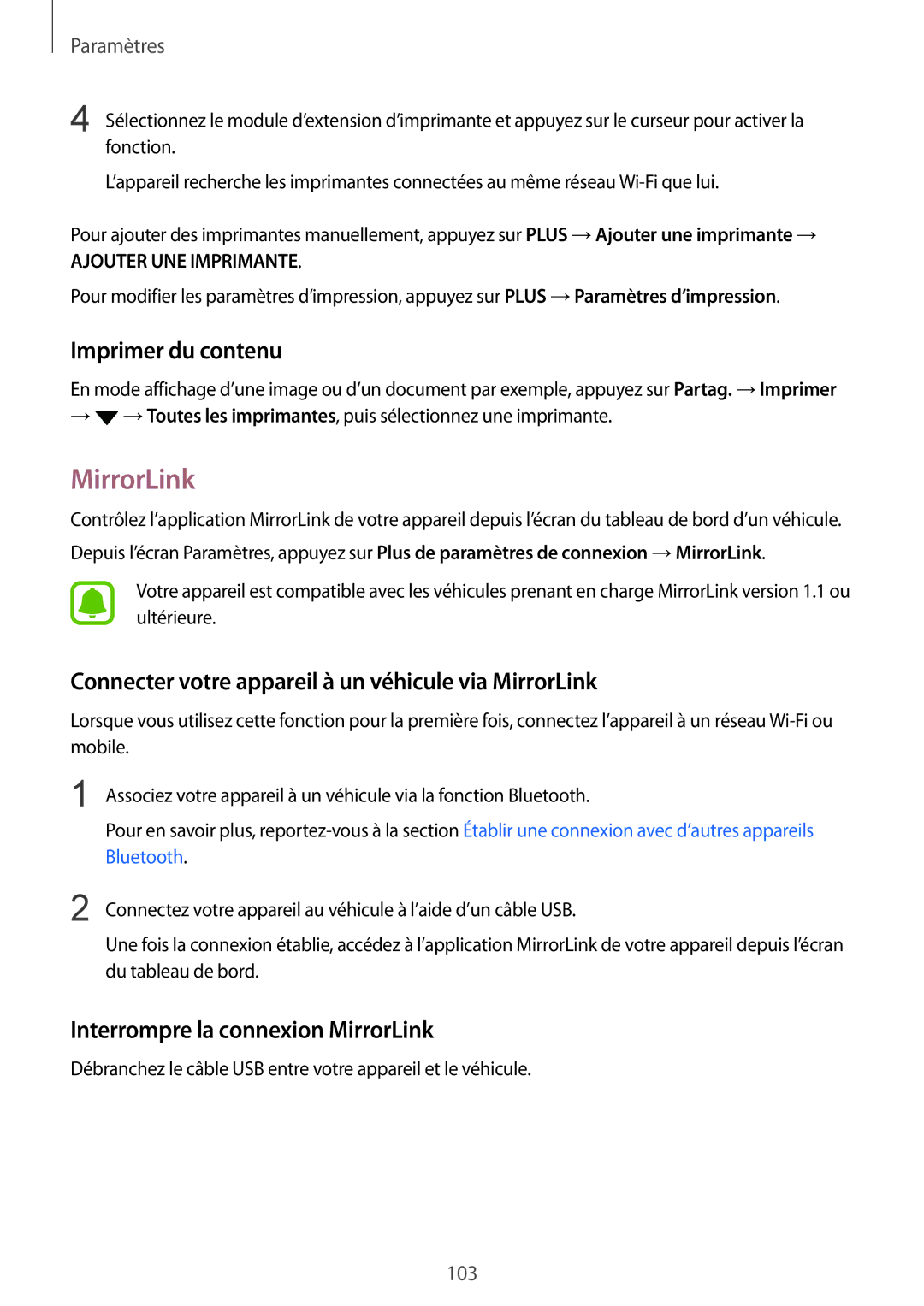 Samsung SM-G920FZDAXEF, SM-G920FZWAXEF manual Imprimer du contenu, Connecter votre appareil à un véhicule via MirrorLink 