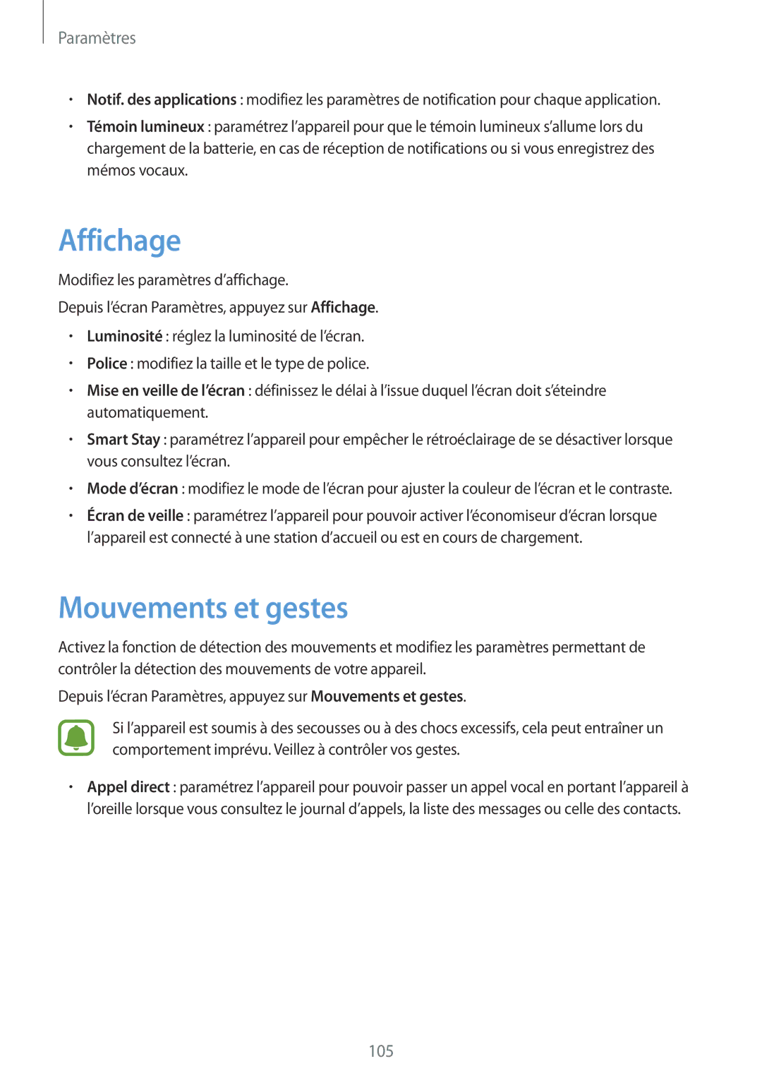 Samsung SM-G920FZKAXEF, SM-G920FZWAXEF, SM-G920FZBAXEF, SM-G920FZDAXEF manual Affichage, Mouvements et gestes 