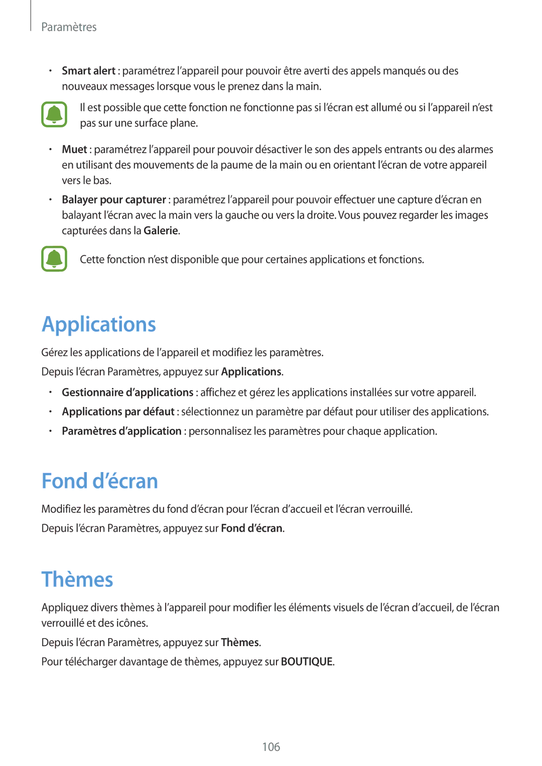 Samsung SM-G920FZBAXEF, SM-G920FZWAXEF, SM-G920FZKAXEF, SM-G920FZDAXEF manual Applications, Fond d’écran, Thèmes 