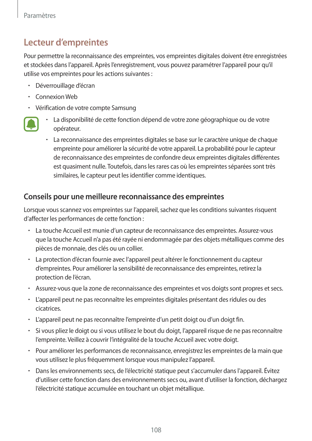 Samsung SM-G920FZWAXEF, SM-G920FZKAXEF Lecteur d’empreintes, Conseils pour une meilleure reconnaissance des empreintes 