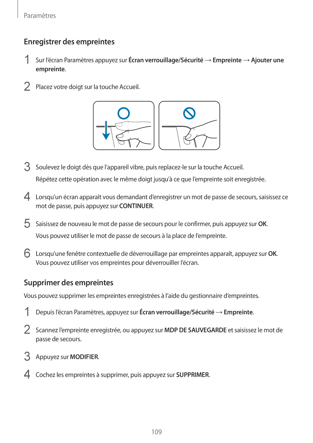 Samsung SM-G920FZKAXEF, SM-G920FZWAXEF, SM-G920FZBAXEF, SM-G920FZDAXEF Enregistrer des empreintes, Supprimer des empreintes 
